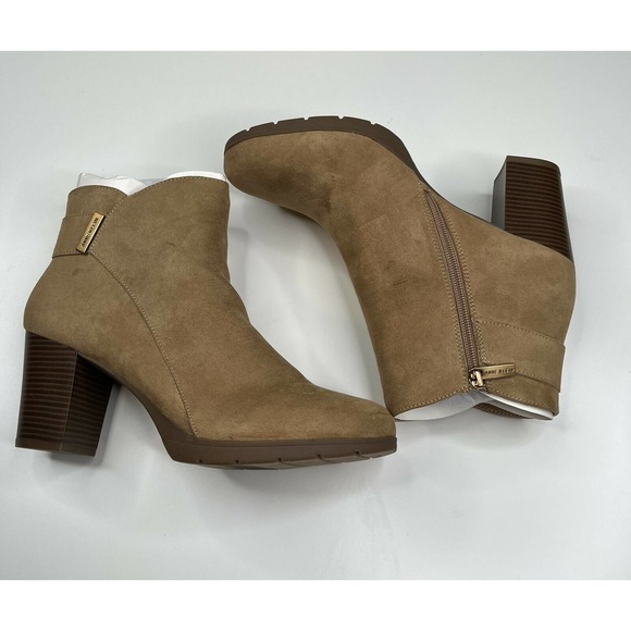NEW Anne Klein Akrina Leather Ankle Boots Size 10.5 Brown Zip Up Chunky Heels - Picture 1 of 5